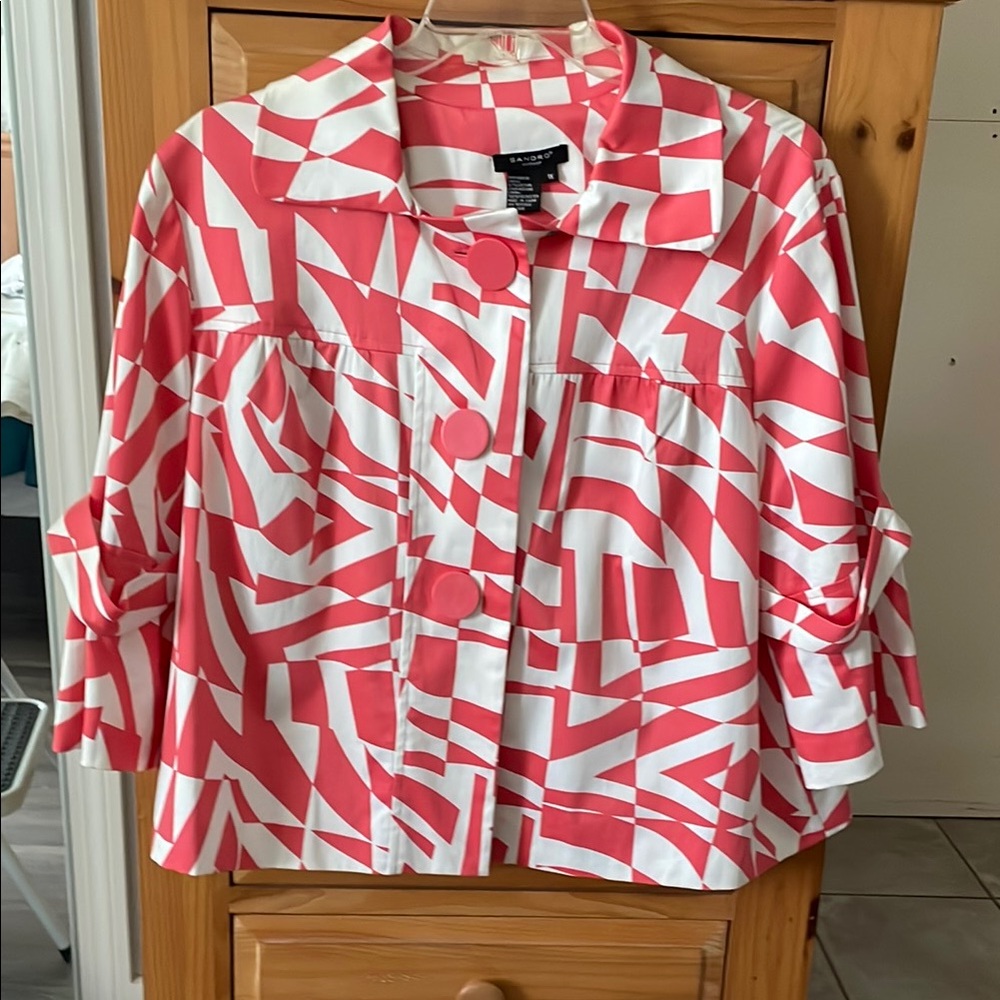 Red and White Boxy Button Down Shirt with Notched Collar